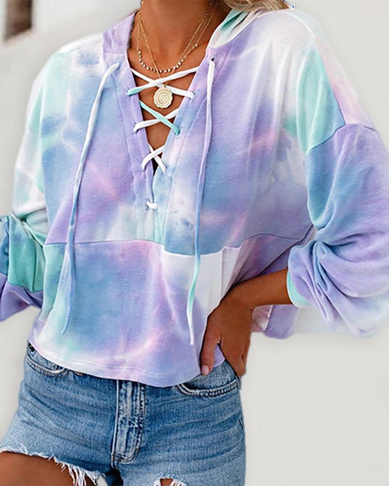 

Tie Dye Print Lace Up Long Sleeve Hoodie, Blue