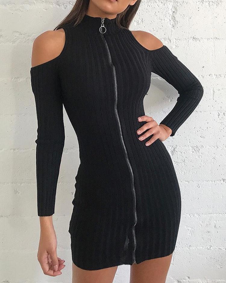 

Cold Shoulder Zipper Up Ribbed Mini Dress, Black