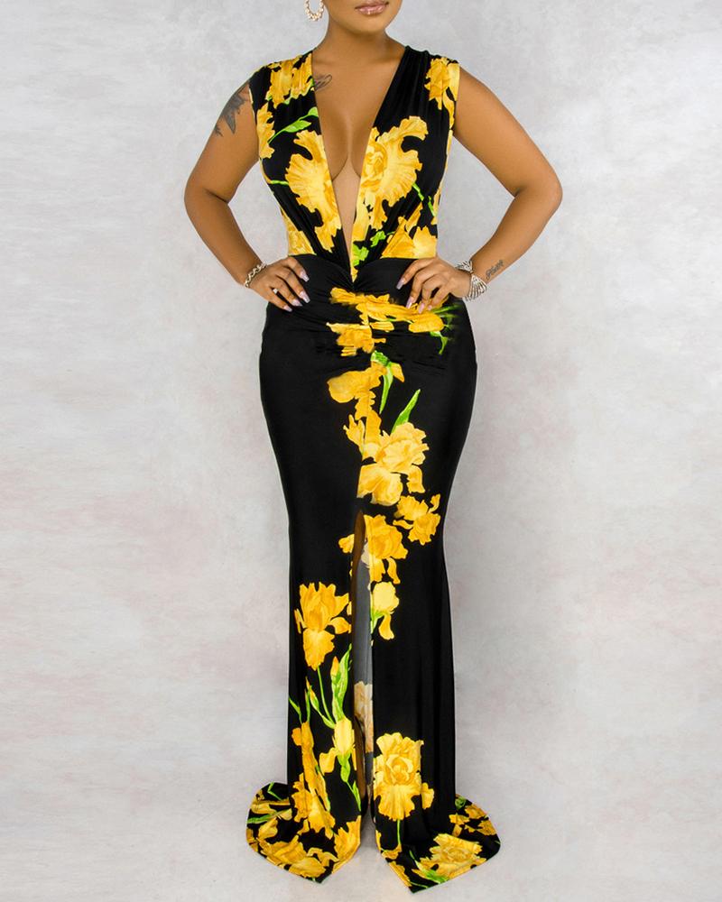 

Floral Print Plunge High Slit Sleeveless Maxi Dress, Yellow