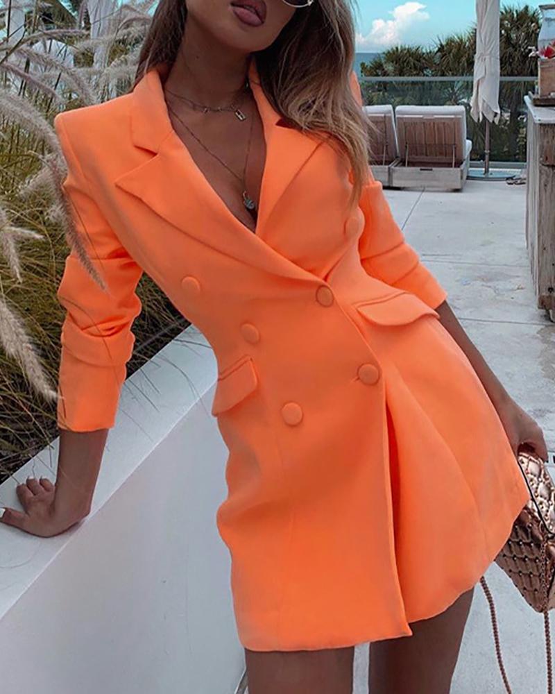 

Solid Notched Collar Long Sleeve Double-breasted Blazer Dress, Orange