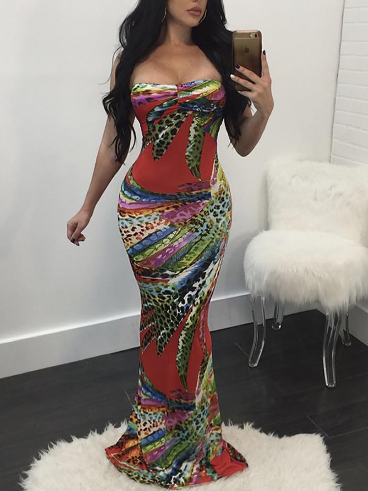 

Stylish Printed Strapless Open Back Maxi Dress, Red