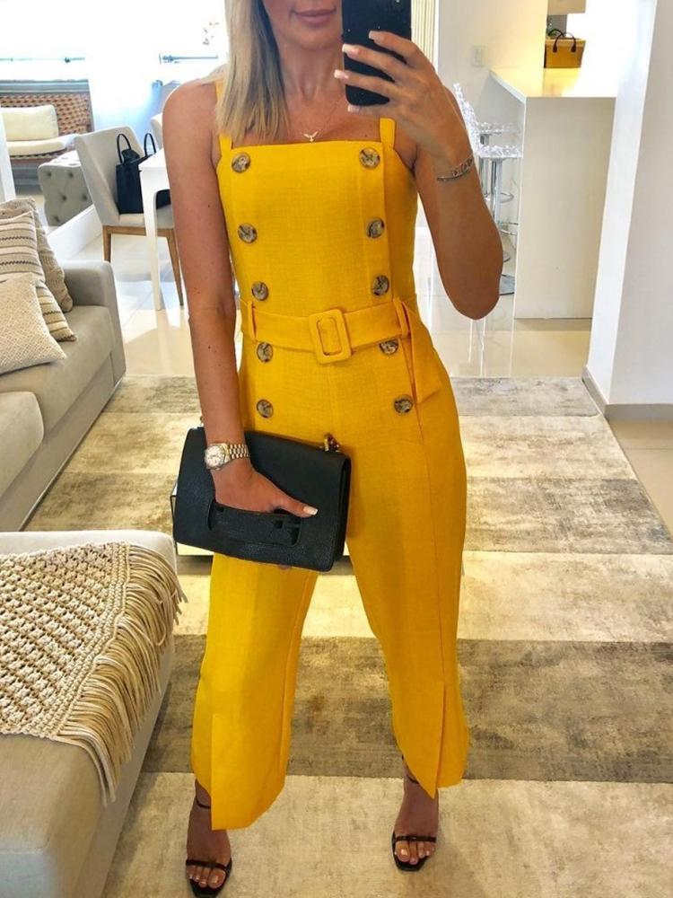 

Solid Double-Breasted Design Self-belt Jumpsuits, Yellow