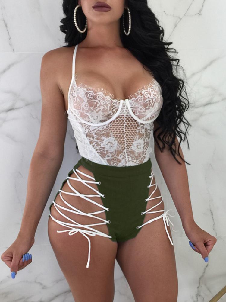 

Sexy Lace Up Zipper Back Mini Shorts, Army green