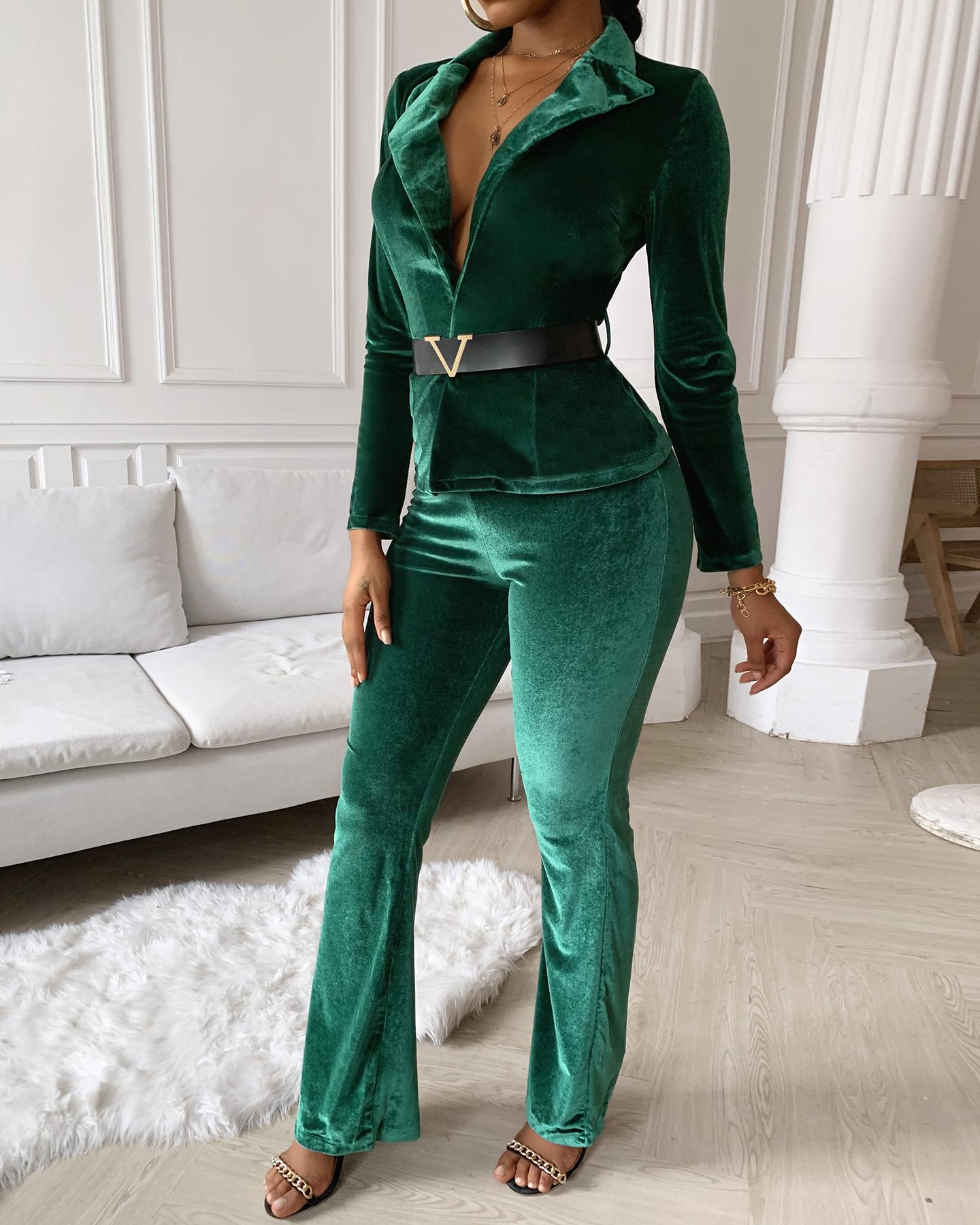 

Velvet Wrapped Tied Waist Sets, Green