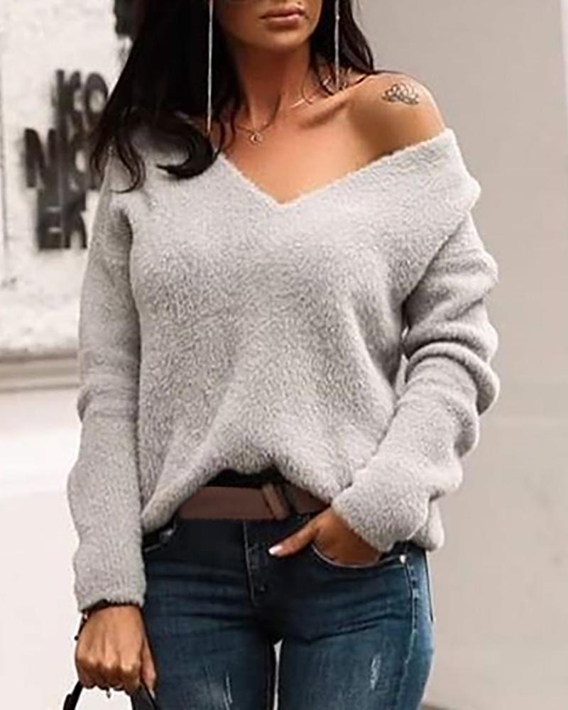 

Solid Long Sleeve V-Neck Sweater, Gray