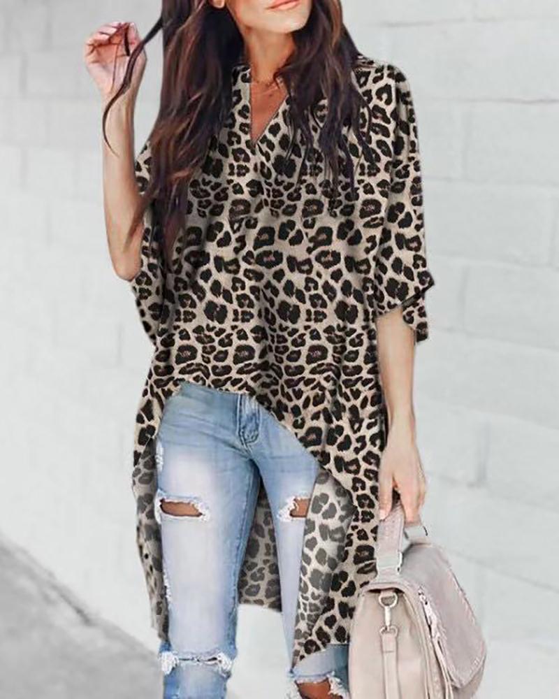 

Short Sleeve V Neck Blouse, Leopard