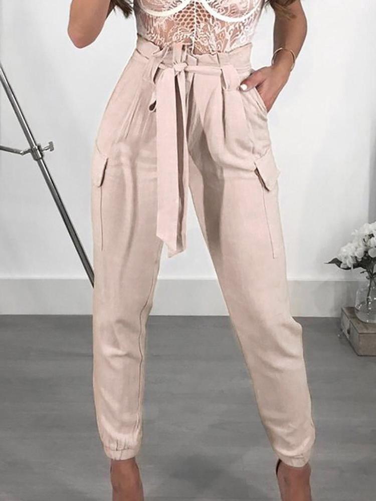 

Frills Waist Self Belt High Waist Pants, Pink;white