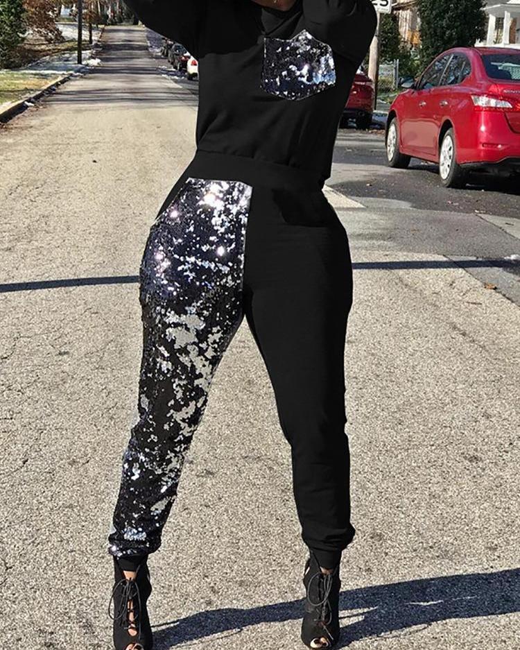 

Long Sleeve Sequin Sweatshirt & Pant Sets, Black