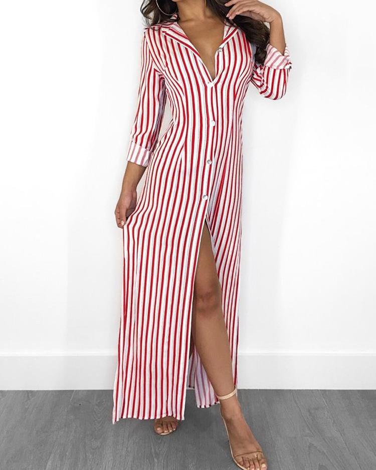 

Stripes Long Sleeve Button Up Slit Maxi Shirt Dress, Red