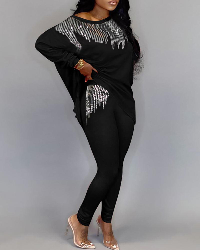 

Skew Neck Sequins Top & Pant ets, Black