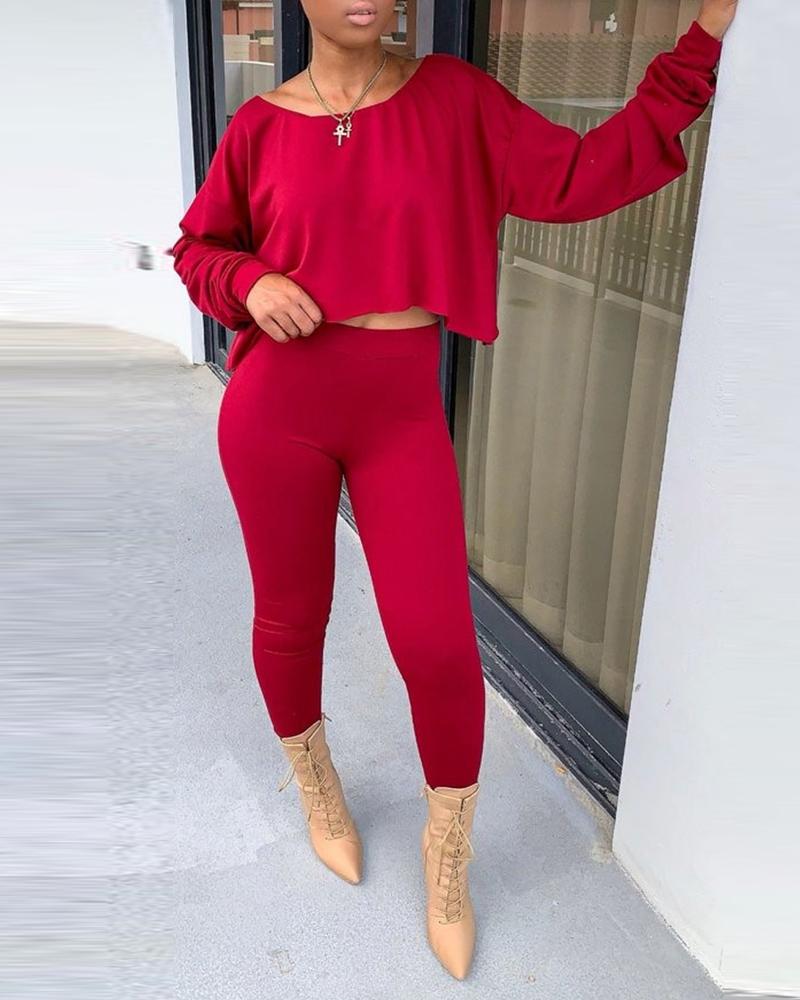 

Solid Off Shoulder Ruched Top & Pencil Pant Sets, Red