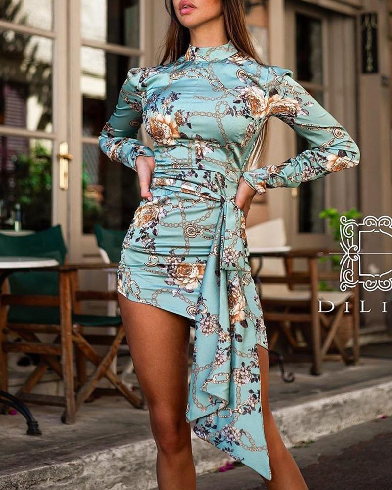 

Chain & Floral Print Bodycon Dress, Light green