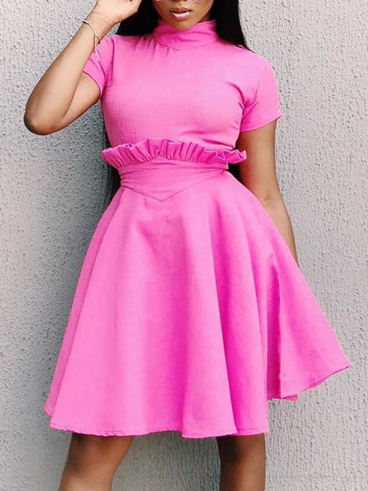 

Solid High Neck Frills Waist Casual Dress, Hot pink