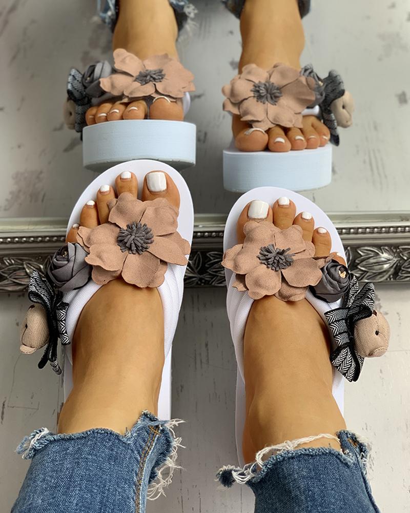 

Flower Embellished Toe Post Wedge Muffin Slipper Sandals, White