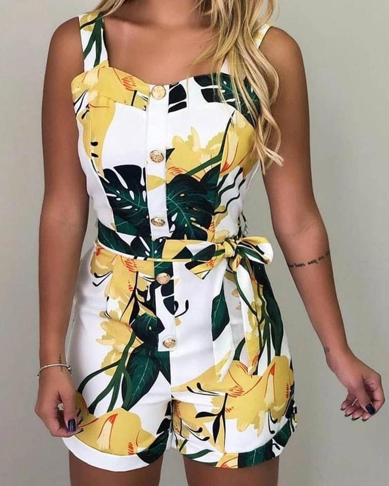 

Sleeveless Print Buttoned Design Romper, Yellow