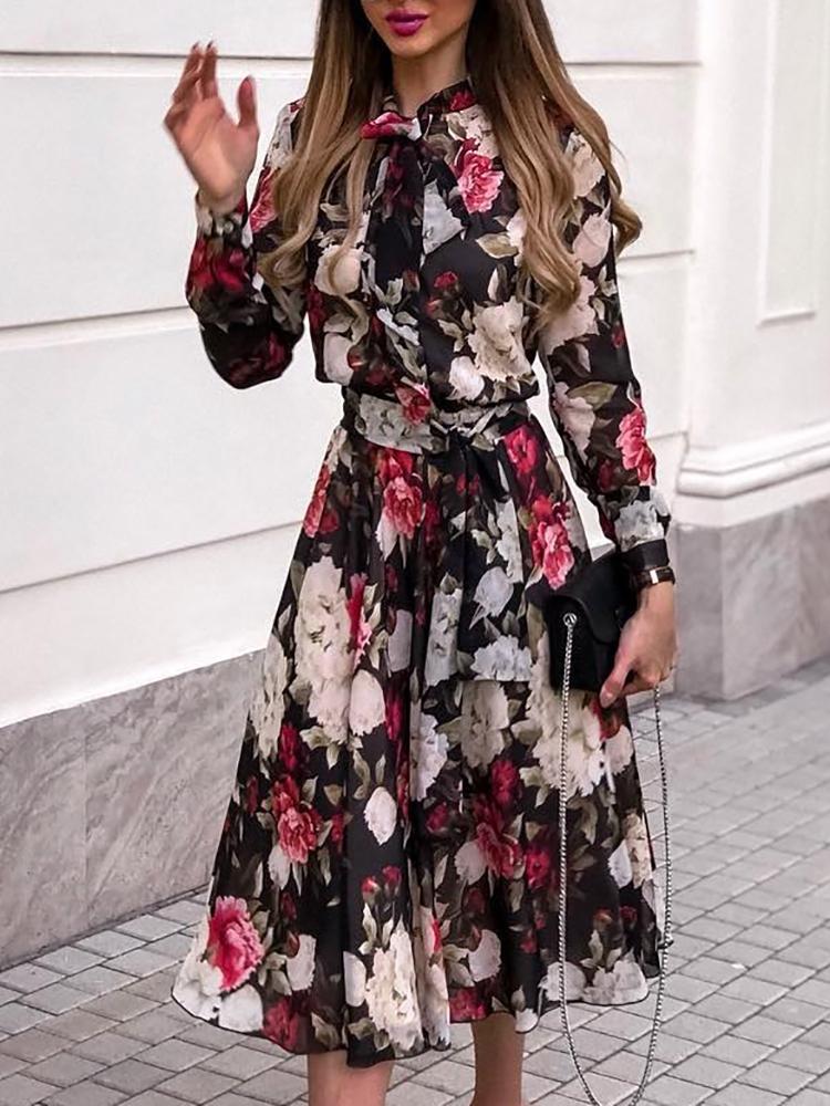 

Floral Print Tie Neck Belted Chiffon Dress, Black