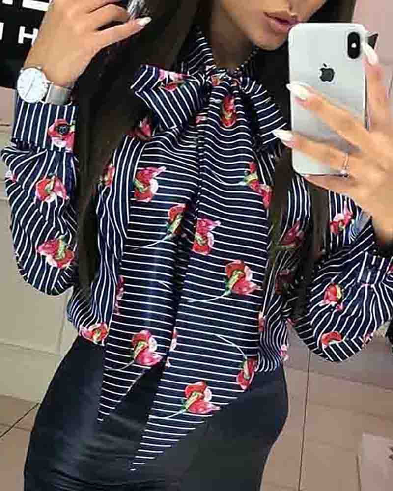 

Striped Floral Print Tied Neck Casual Shirt, Dark blue