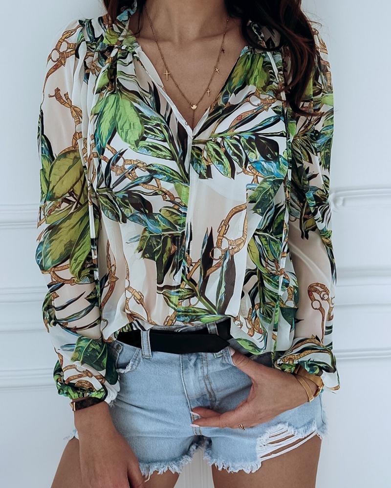 

Leaf Print Long Sleeve Casual Blouse