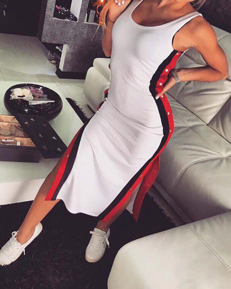 

Striped Tape Split Button Side Bodycon Dress, White