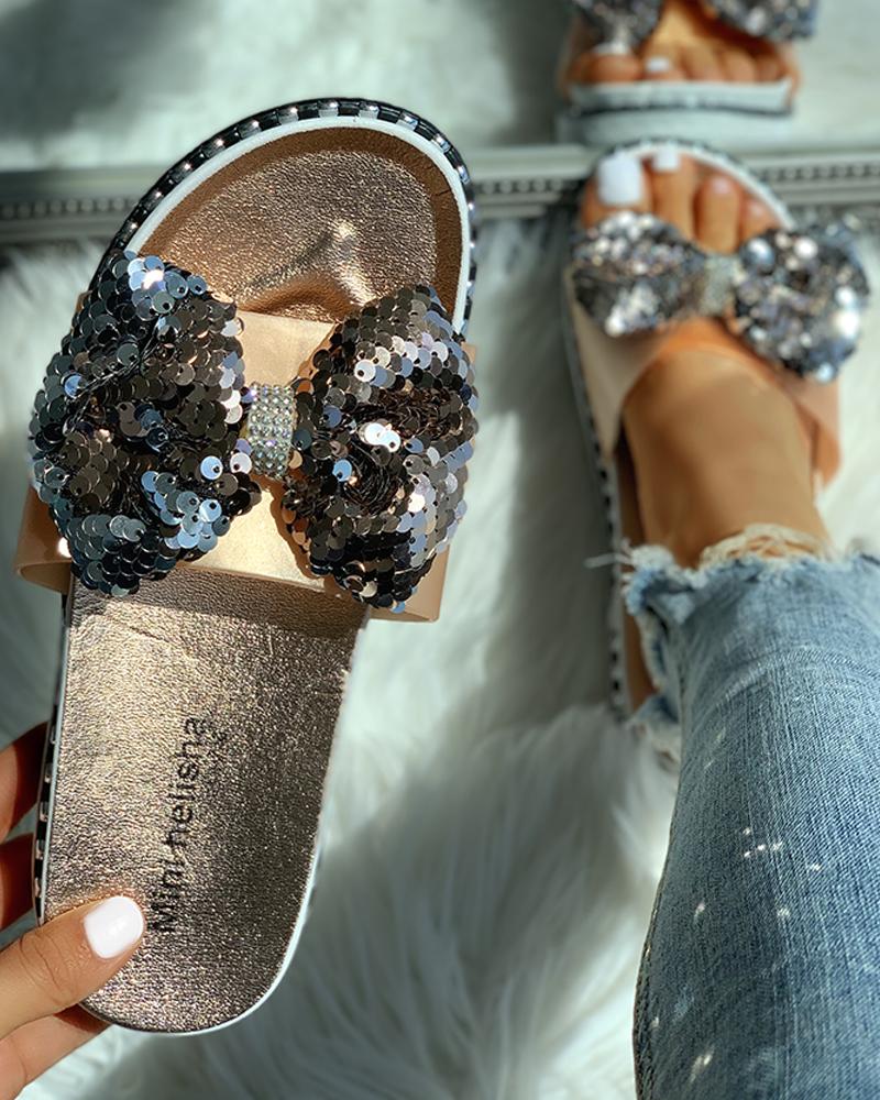 

Bowknot Design Flat Sequin Slipper Sandals, Champagne