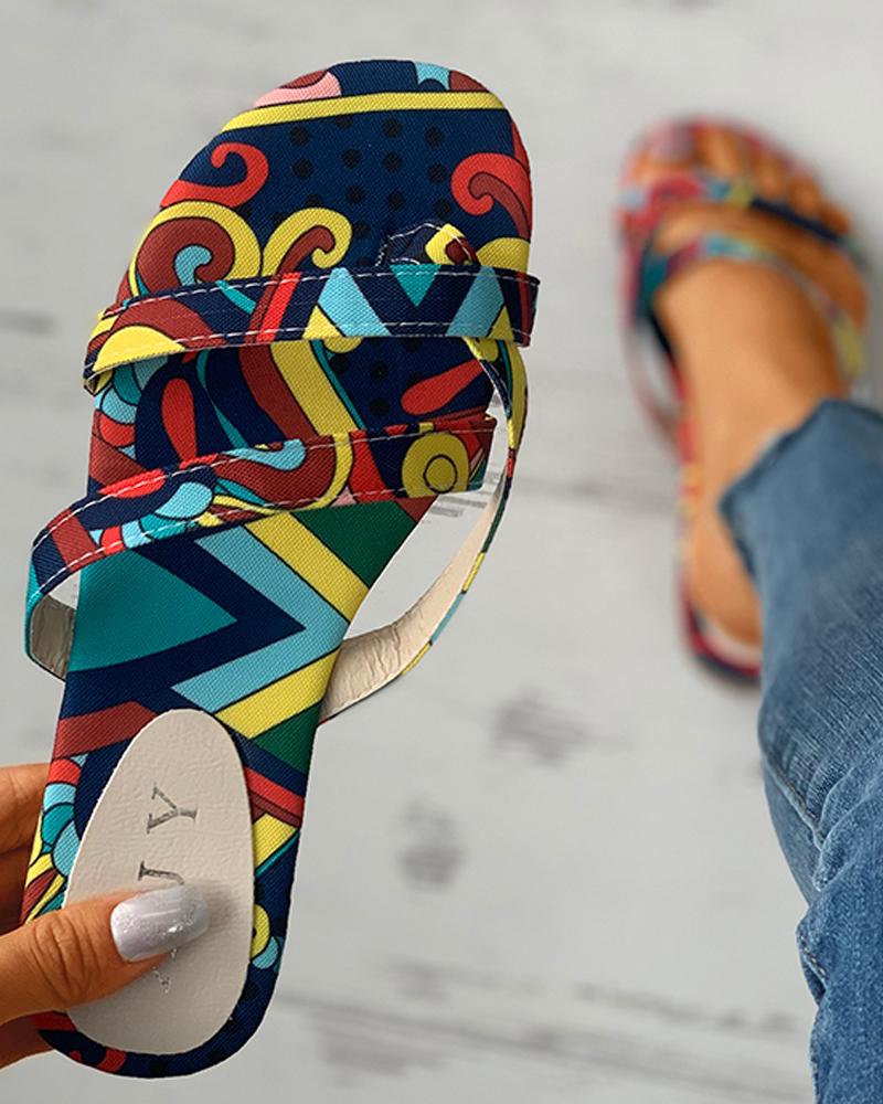 

Print Open Toe Casual Flat Sandals, Black