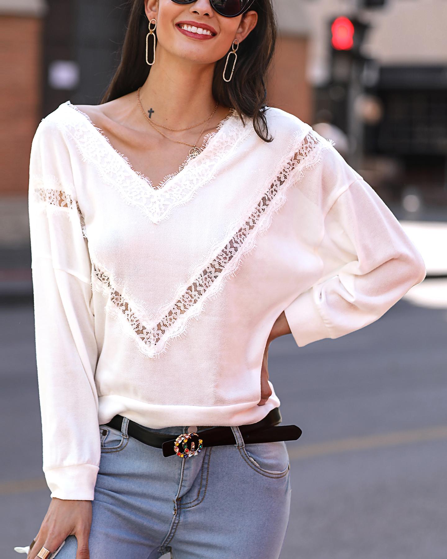 

Solid Lace Hollow Out Detail Sweater, White