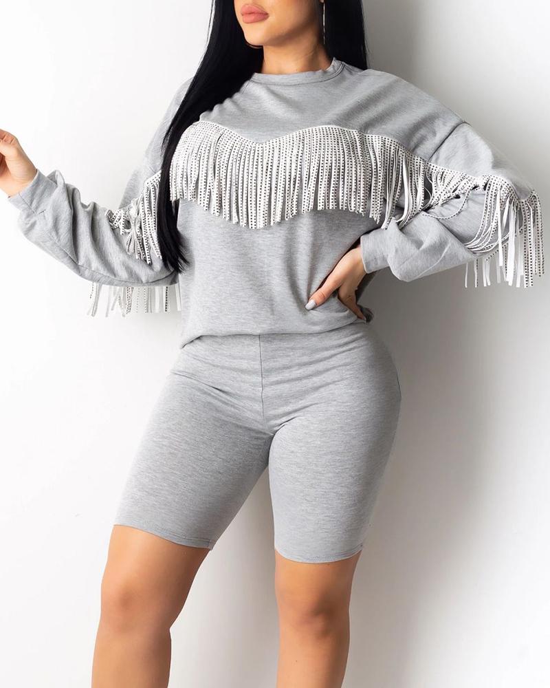 

Solid Tassel Design Long Sleeve Top & Short Sets, Gray