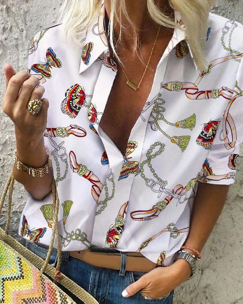

Scarf Print Long Sleeve Casual Shirt, White