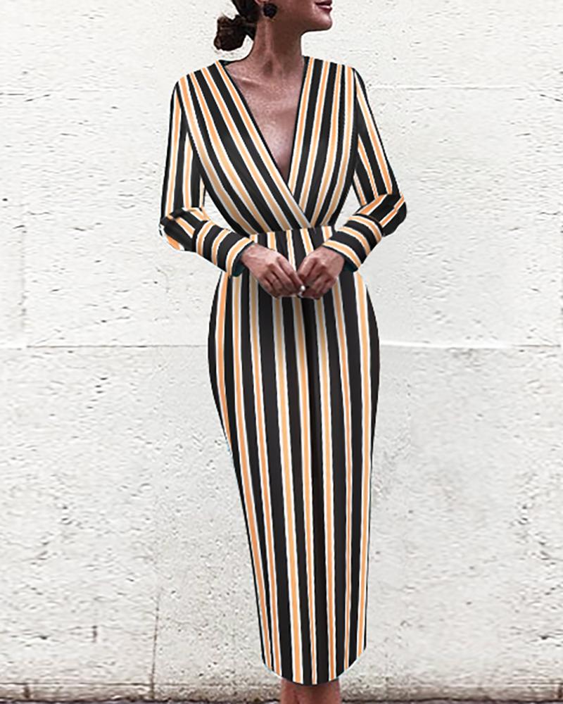 

Long Sleeve Plunge Striped Dress, Yellow