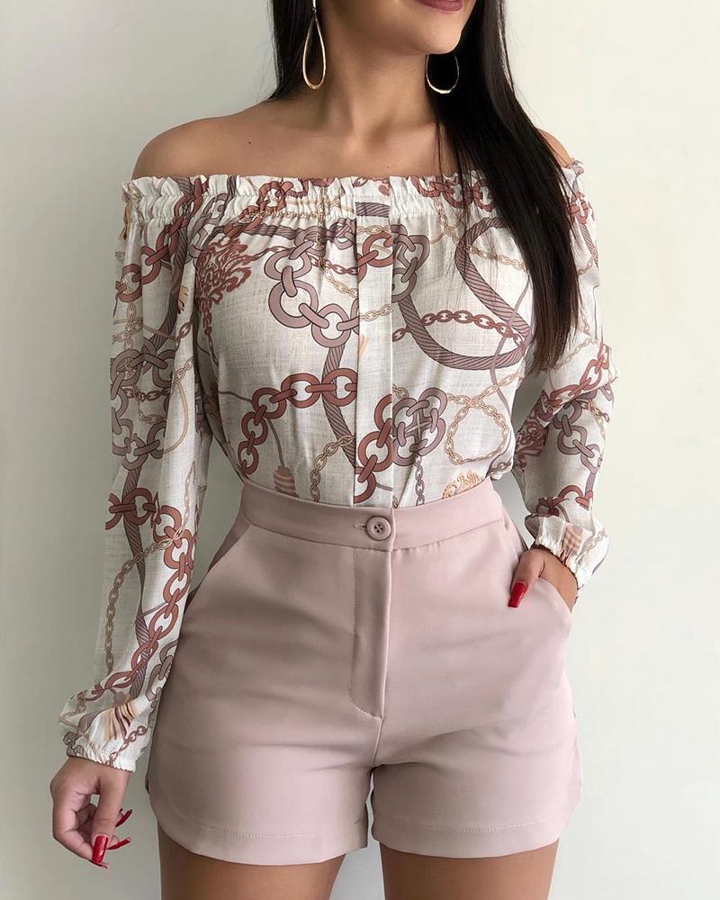 

Off Shoulder Chain Print Blouse, White