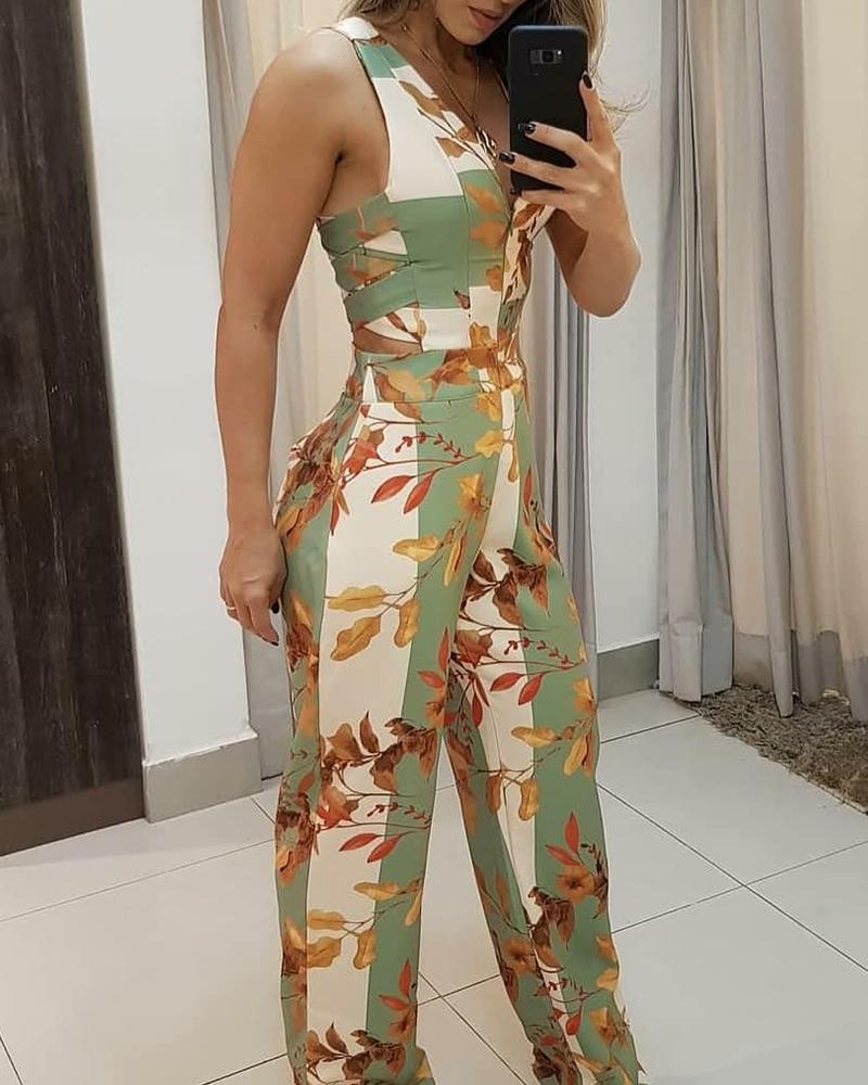 

Leaf Print Sleeveless Loose Jumpsuit, Green
