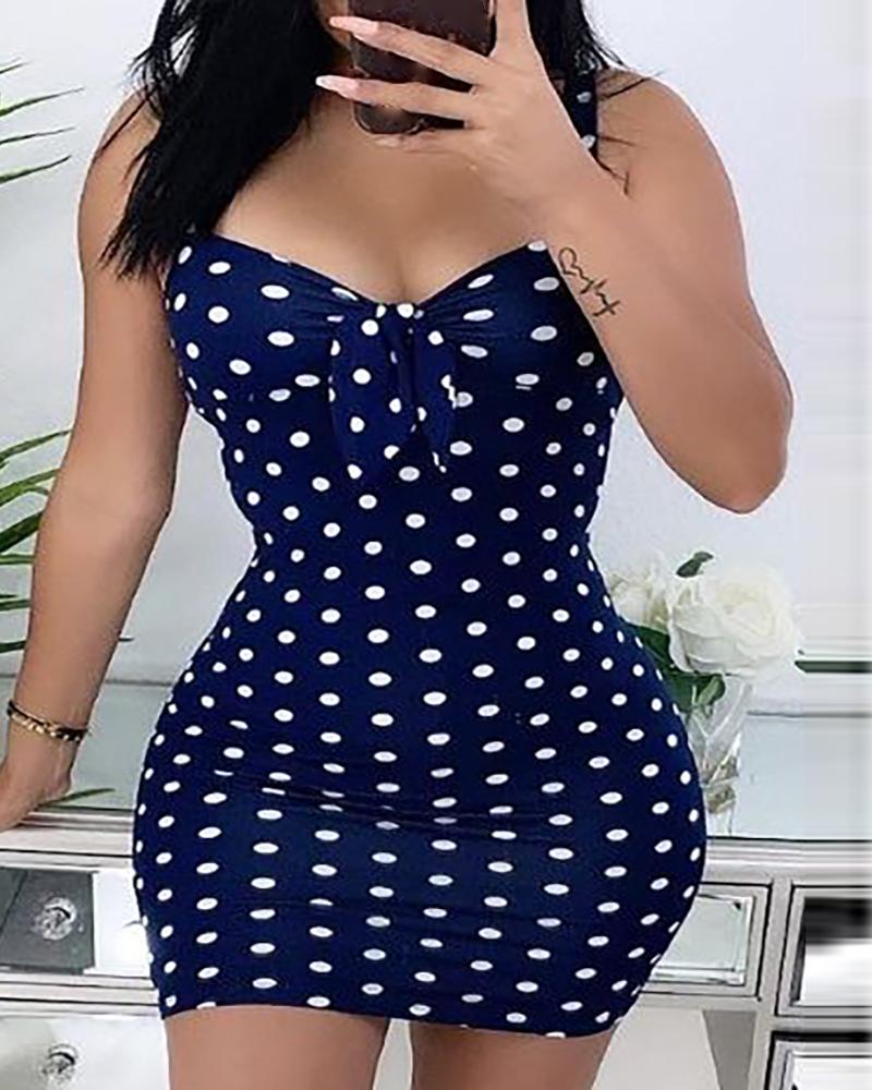 

Polka Dot Print Spaghetti Strap Bodycon Dress, Blue