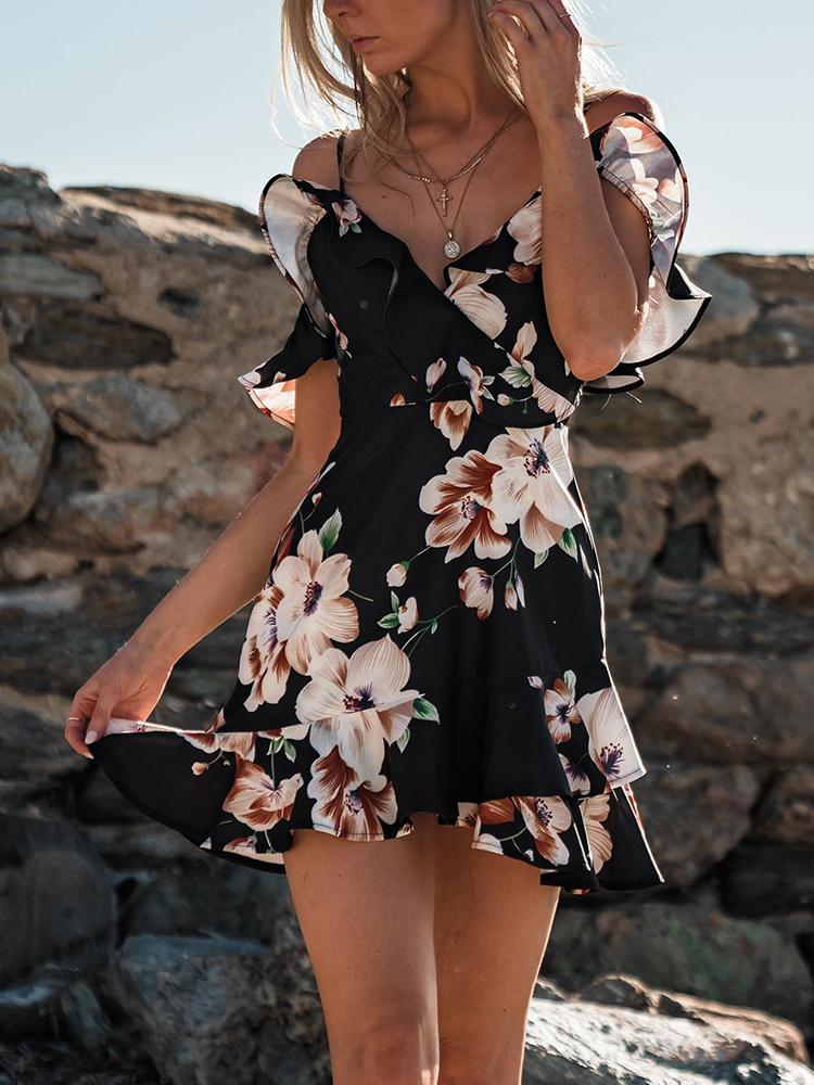 

Floral Print Cold Shoulder Ruffle Wrap Dress, White;black
