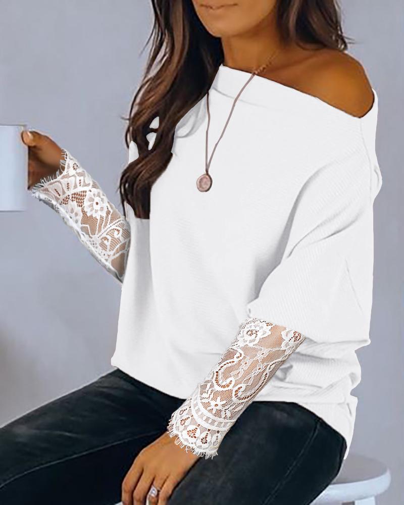 

Eyelash Lace Long Sleeve Casual Top, White