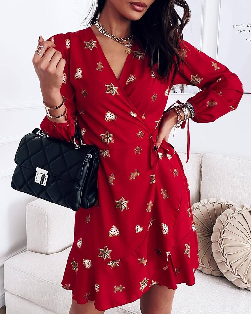 

Christmas Print Tied Detail Casual Dress, Red