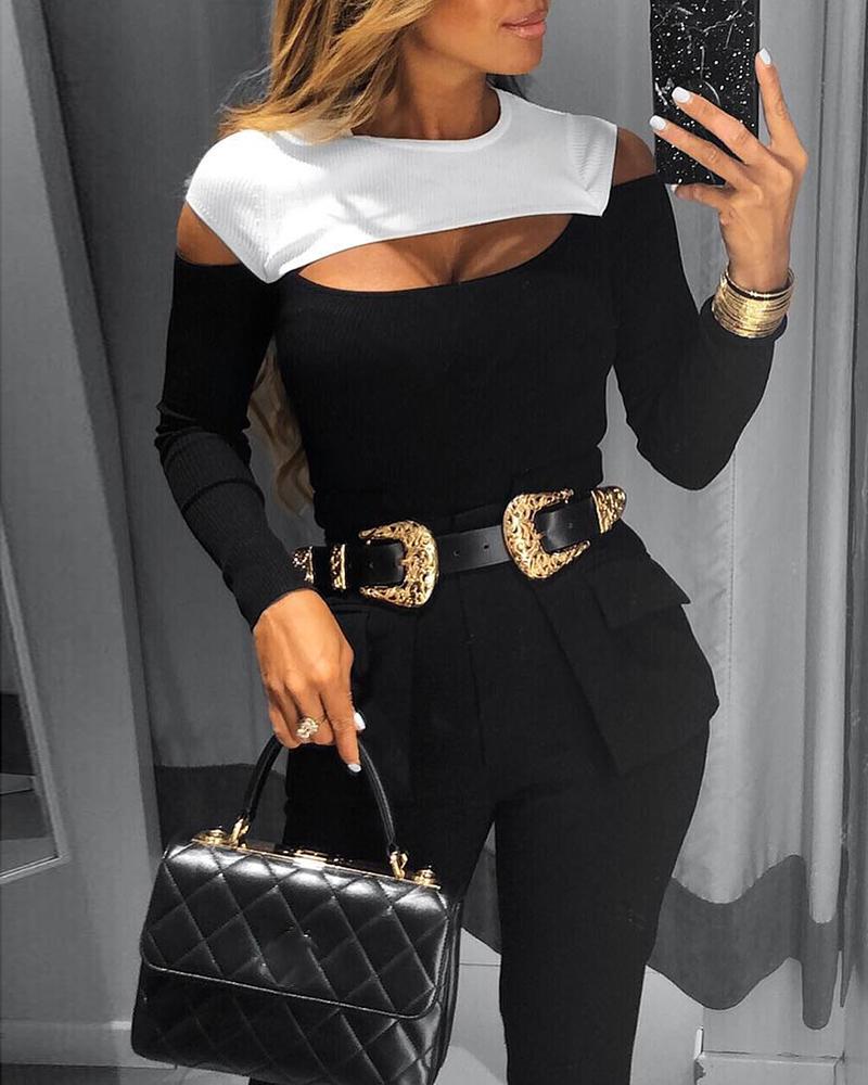 

Colorblock Cut Out Design Long Sleeve Blouse, Black