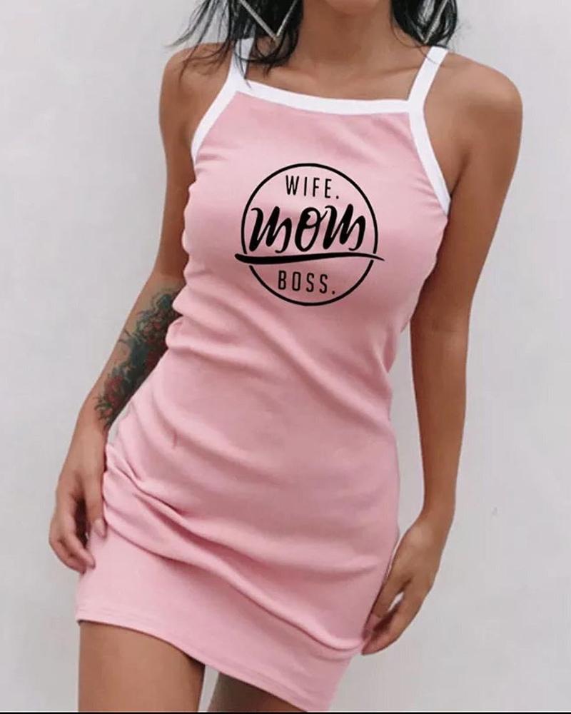 

Letter Print Contrast Binding Sleeveless Casual Dress, Pink