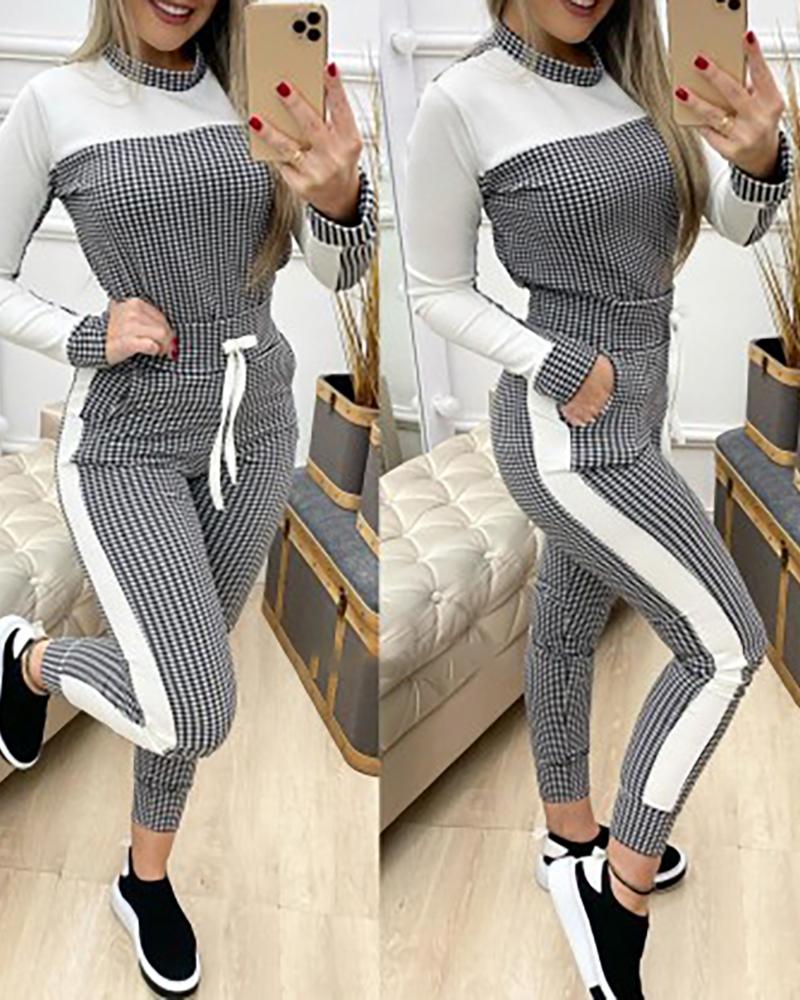 

Plaid Colorblock Top & Drawstring Pants Set, White
