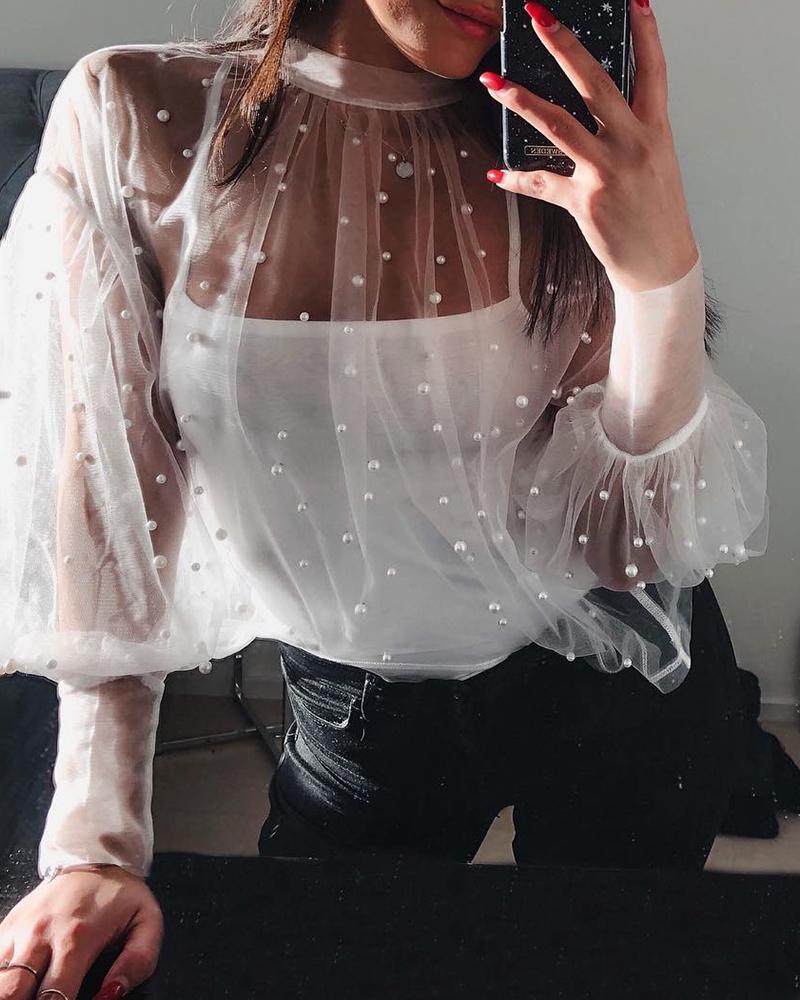 

Mock Neck Beaded lantern Sleeve Sheer Mesh Blouse, White