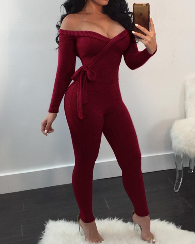 

Off Shoulder Tied Waist Jumpsuit, Wine red