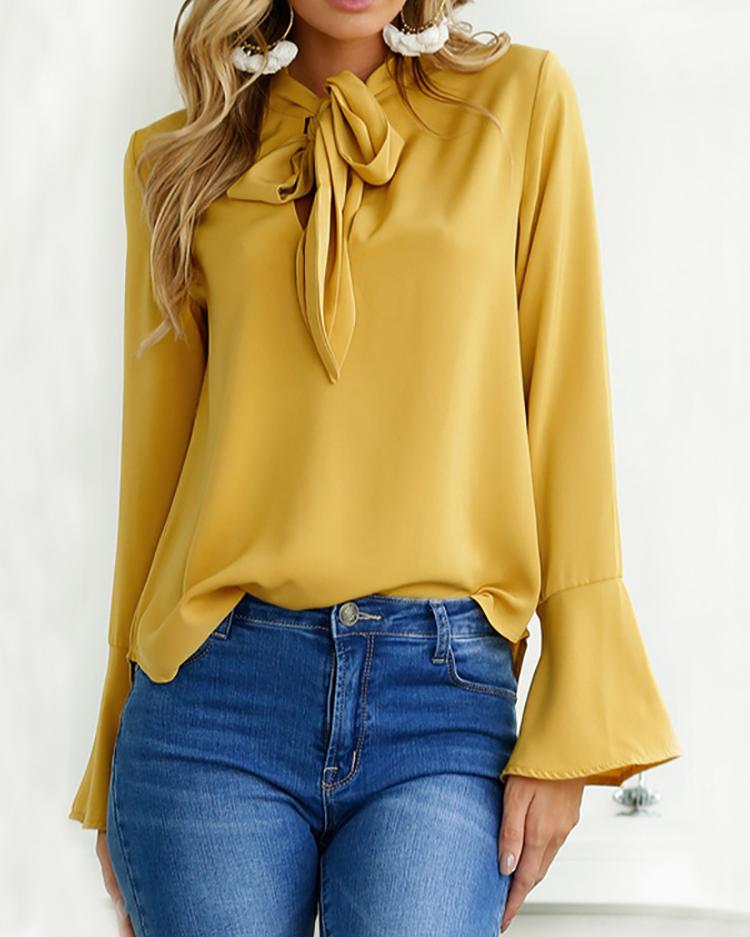 

Trendy Tied Neck Bell Sleeve Top Blouse, Yellow