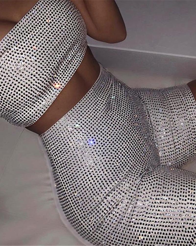 

Hot Stamping Tube Sleeveless Crop Top & Shorts Sets, Silver