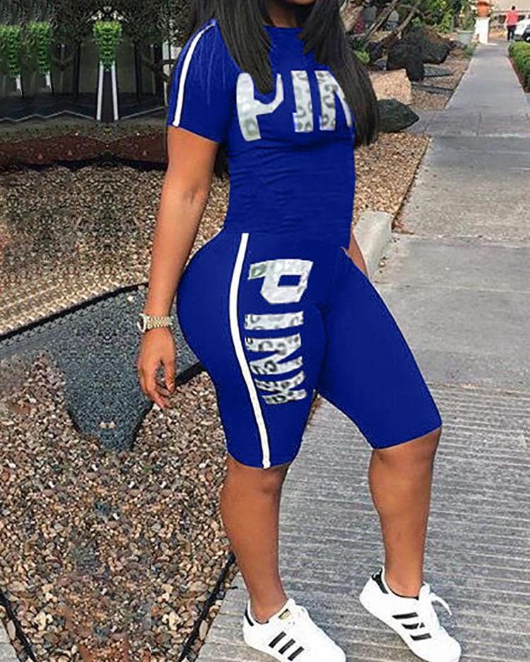

Letter Print Slinky Striped Tape Side Tracksuit, Blue