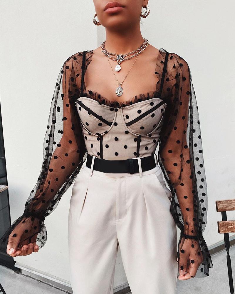

Dot Mesh See Through Cropped Top, Black