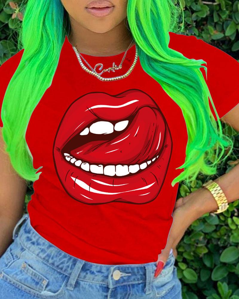 

Lip Print Short Sleeve Casual T-shirt, Red