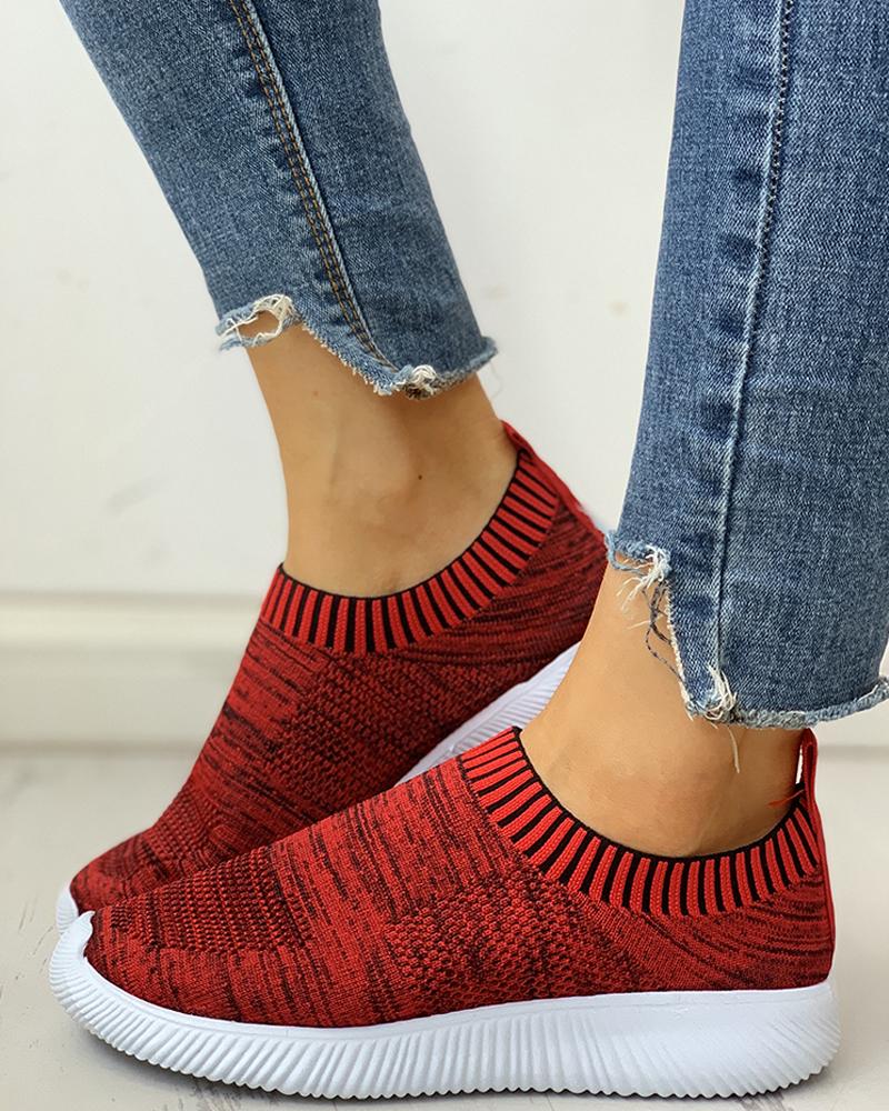 

Solid Ribbed Breathable Knitting Sneakers, Red