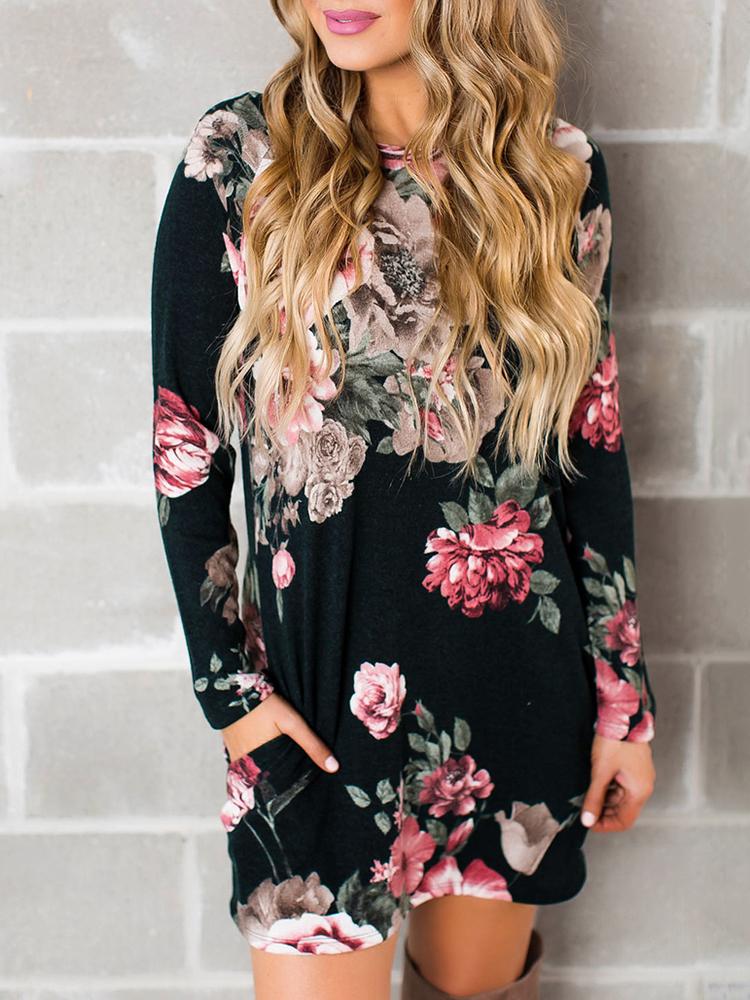 

Vintage Floral Print Pocket Casual Dress, Multicolor