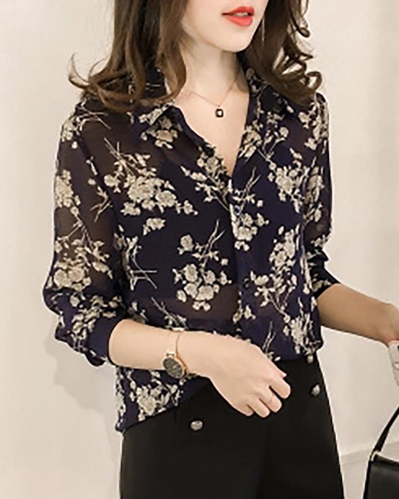 

Floral Print Long Sleeve Casual Top, Dark blue