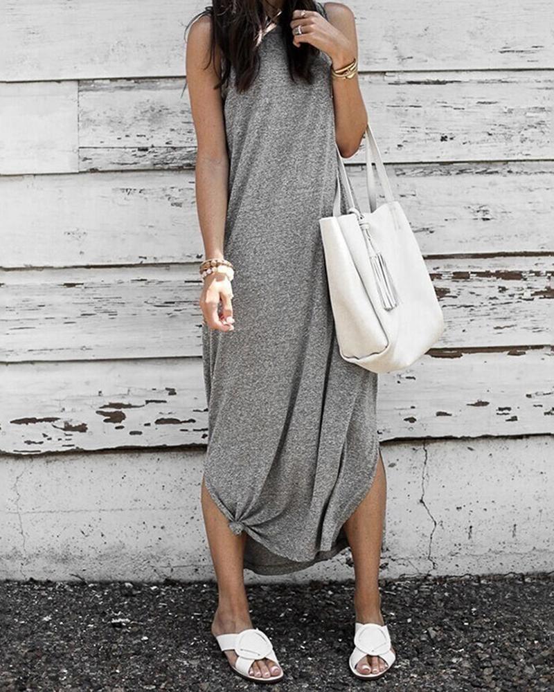 

Solid Round Neck Slit Casual Dress, Gray