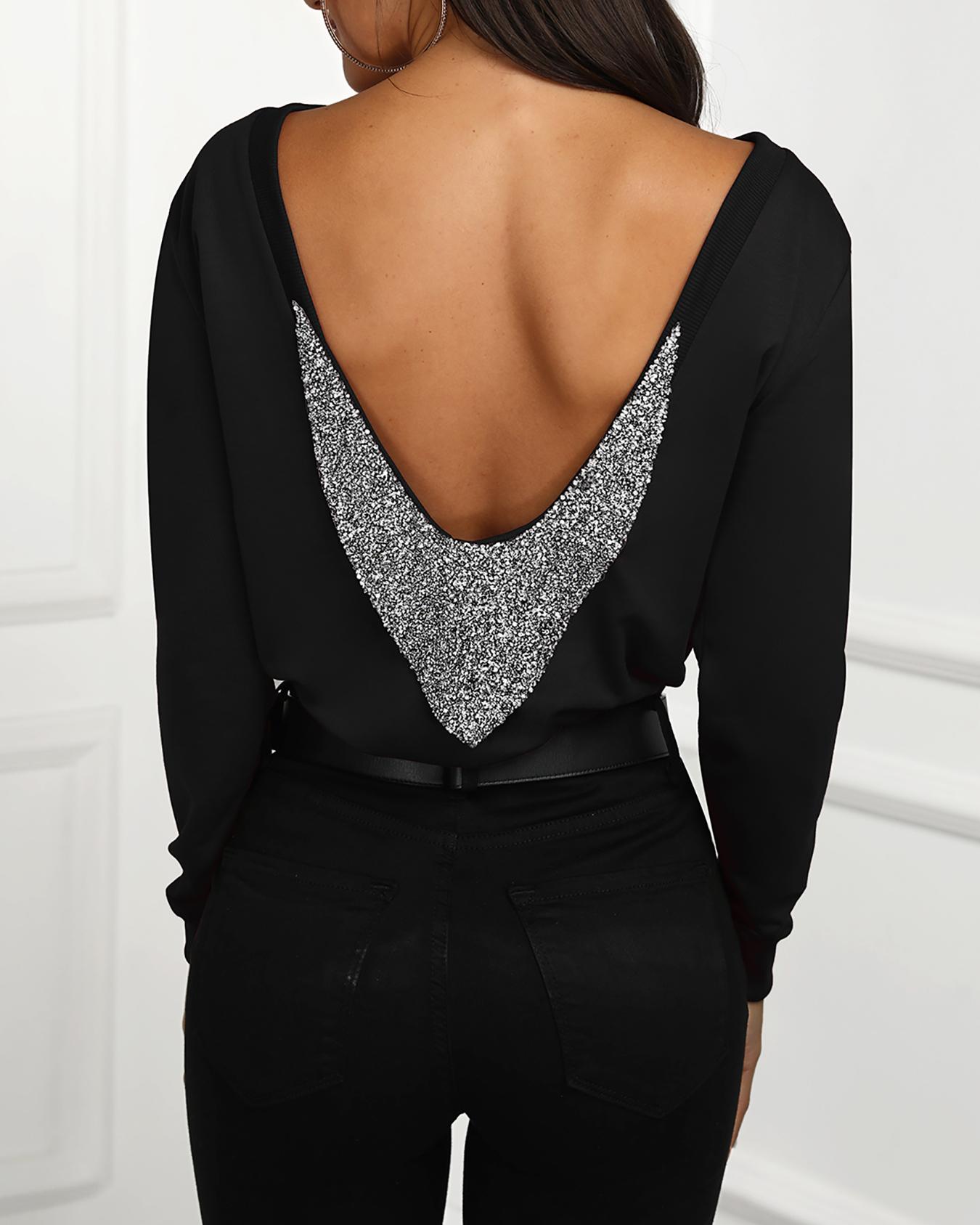 

Shiny Sequins Embellished Open Back Blouse